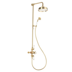 The Berwick twin outlet thermostatic shower kit from PJH complements the collection of brushed brass products and accessories.