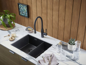 Volta PVD sinks from Clearwater Products have a PVD coating that resists scratches and abrasions, are available in black, brass, or copper